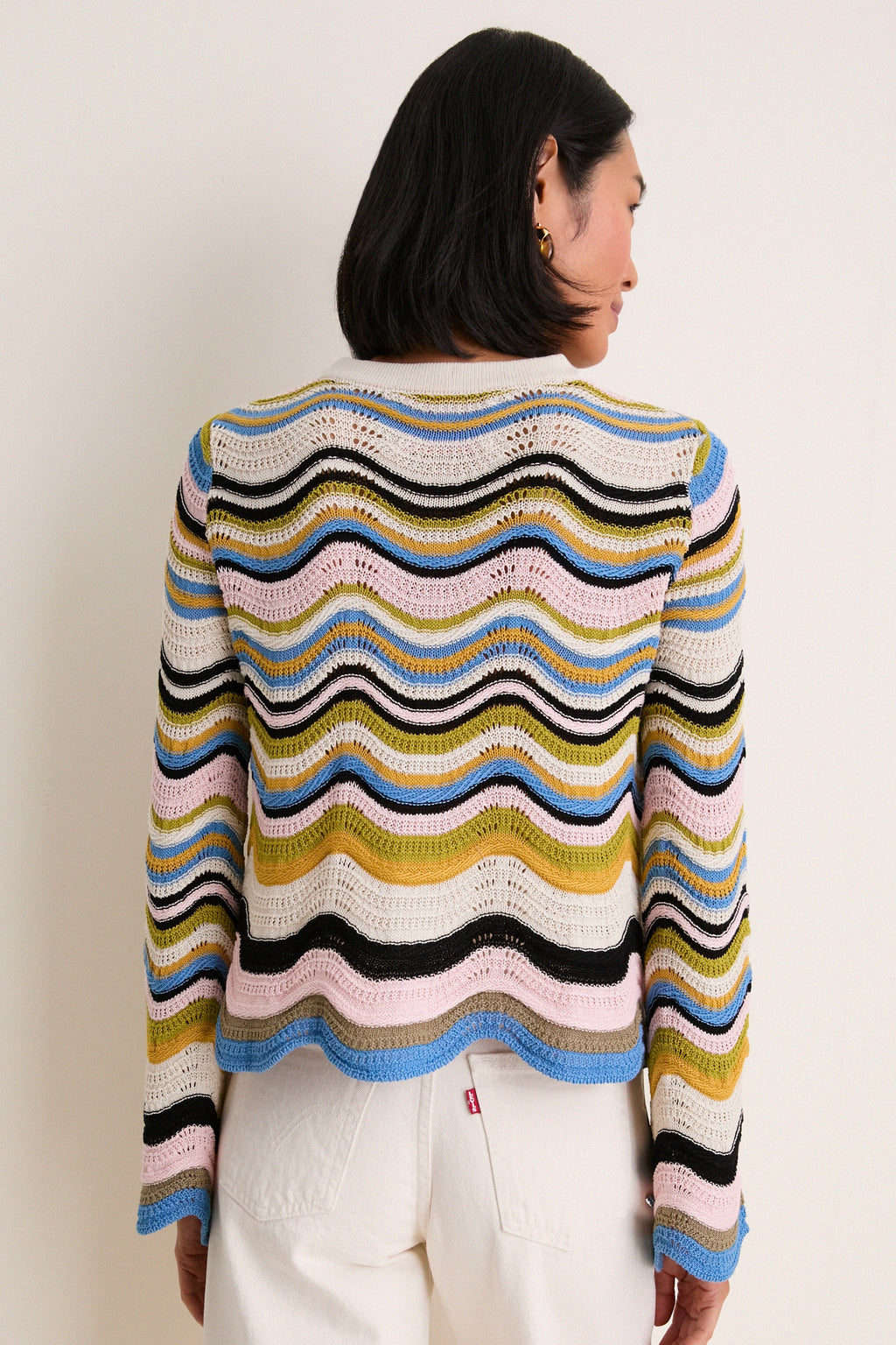 Multicolor White, Green and Pink Chevron Crop Sweater