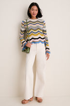 Multicolor White, Green and Pink Chevron Crop Sweater