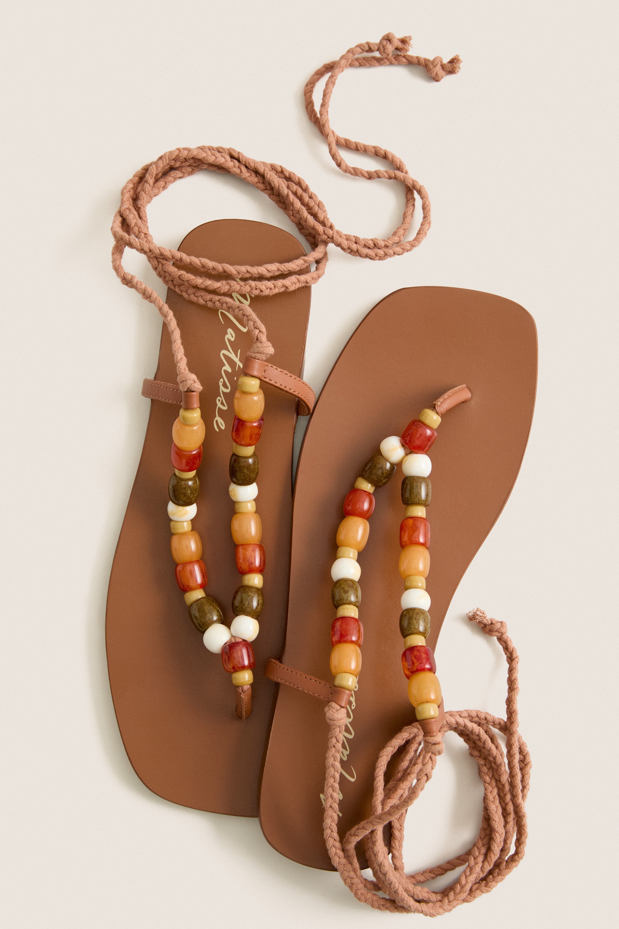 Tan Beaded Elvie Wrap Sandals