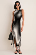 Black and White Stripe Sabine Fringe Knit Dress