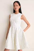 Ivory Textured Denim Fit And Flare Short Dress