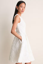 Ivory Textured Denim Fit And Flare Short Dress