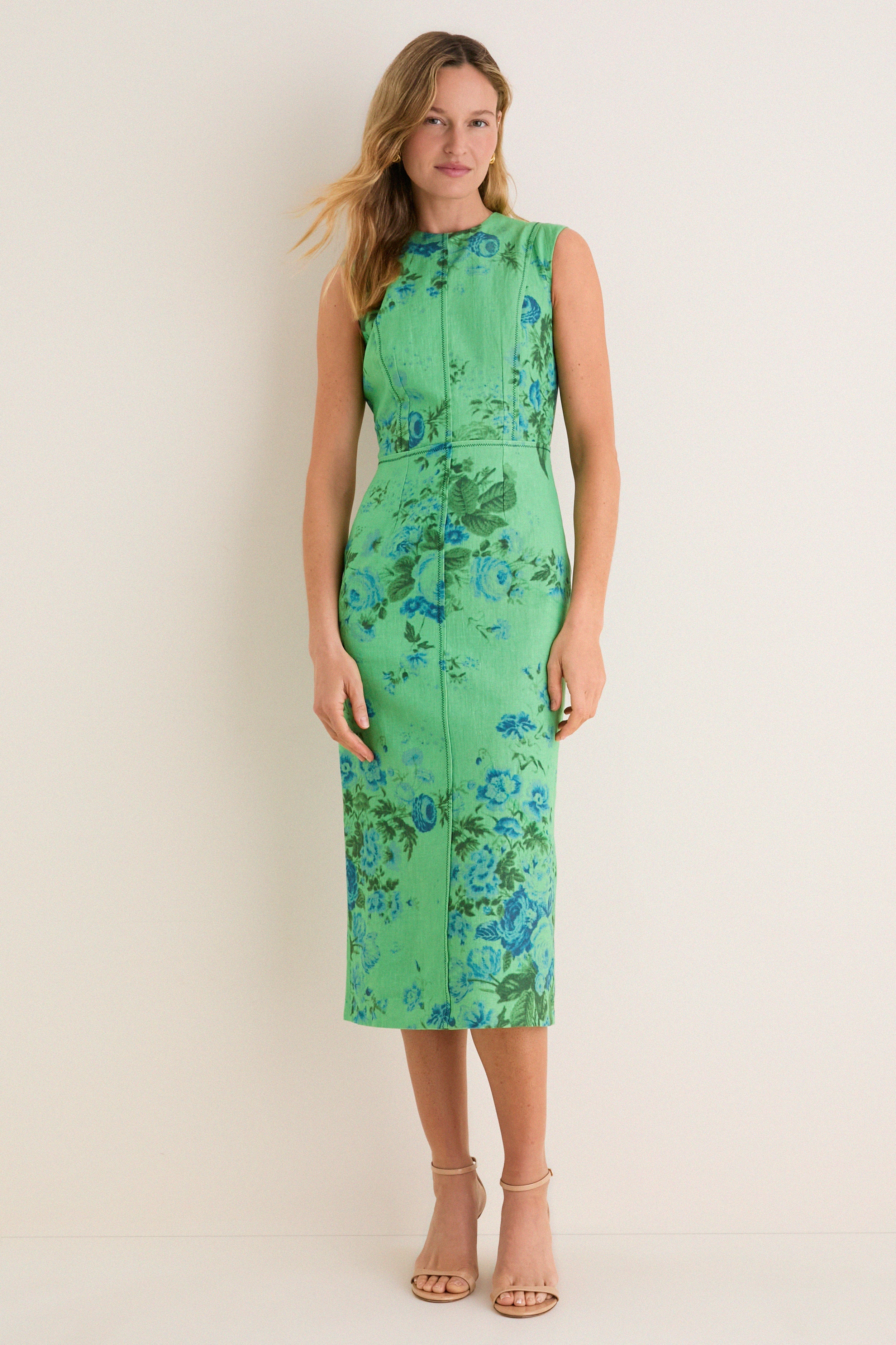 Rose Bouquet Sea Green Floral Print Linen Pencil Midi Dress