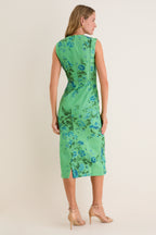 Rose Bouquet Sea Green Floral Print Linen Pencil Midi Dress