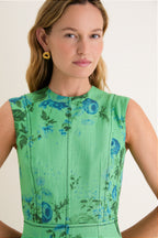 Rose Bouquet Sea Green Floral Print Linen Pencil Midi Dress