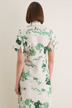 French Chintz Bottle Green Floral Print Linen Short Sleeve Shirt