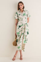 French Chintz Bottle Green Floral Print Linen Short Sleeve Shirt
