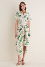 French Chintz Bottle Green Floral Print Linen Short Sleeve Shirt