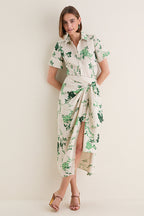 French Chintz Bottle Green Floral Print Linen Drape Midi Skirt