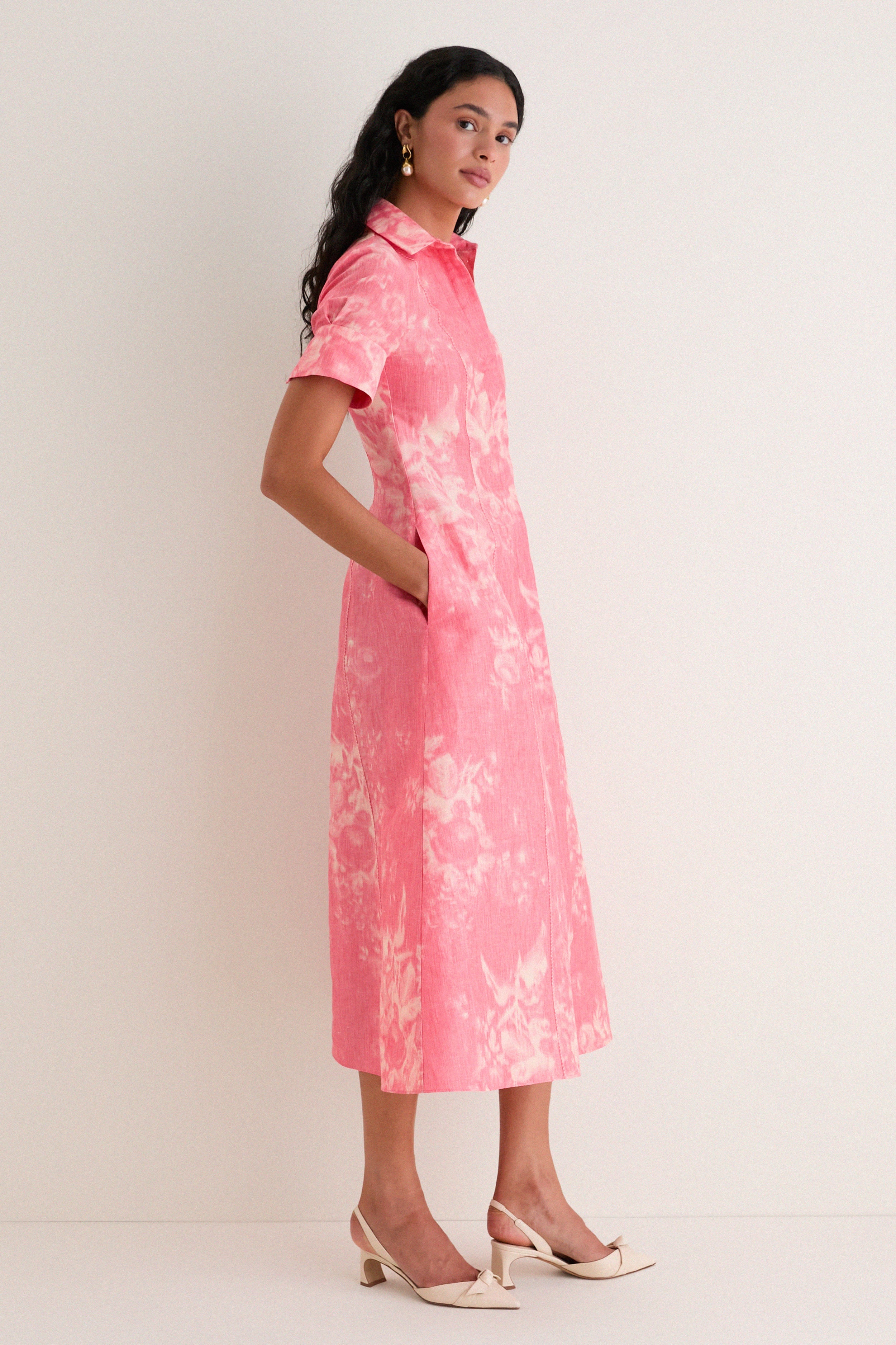 Rose Bouquet Blossom Pink Floral Print Linen Chine Midi Shirt Dress