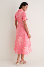 Rose Bouquet Blossom Pink Floral Print Linen Chine Midi Shirt Dress