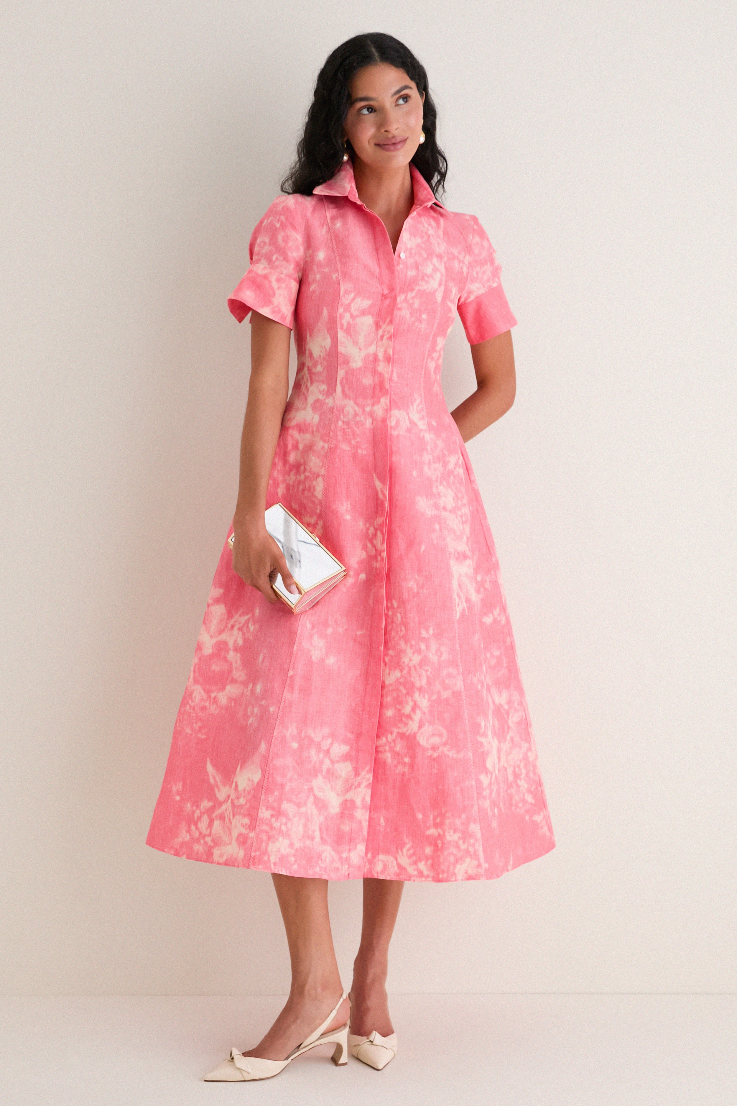 Rose Bouquet Blossom Pink Floral Print Linen Chine Midi Shirt Dress