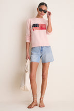 Light Pink Cropped Cotton Puff Sleeve Americana Sweater