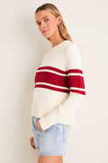 Ivory and Red Stripe Cotton William Crewneck