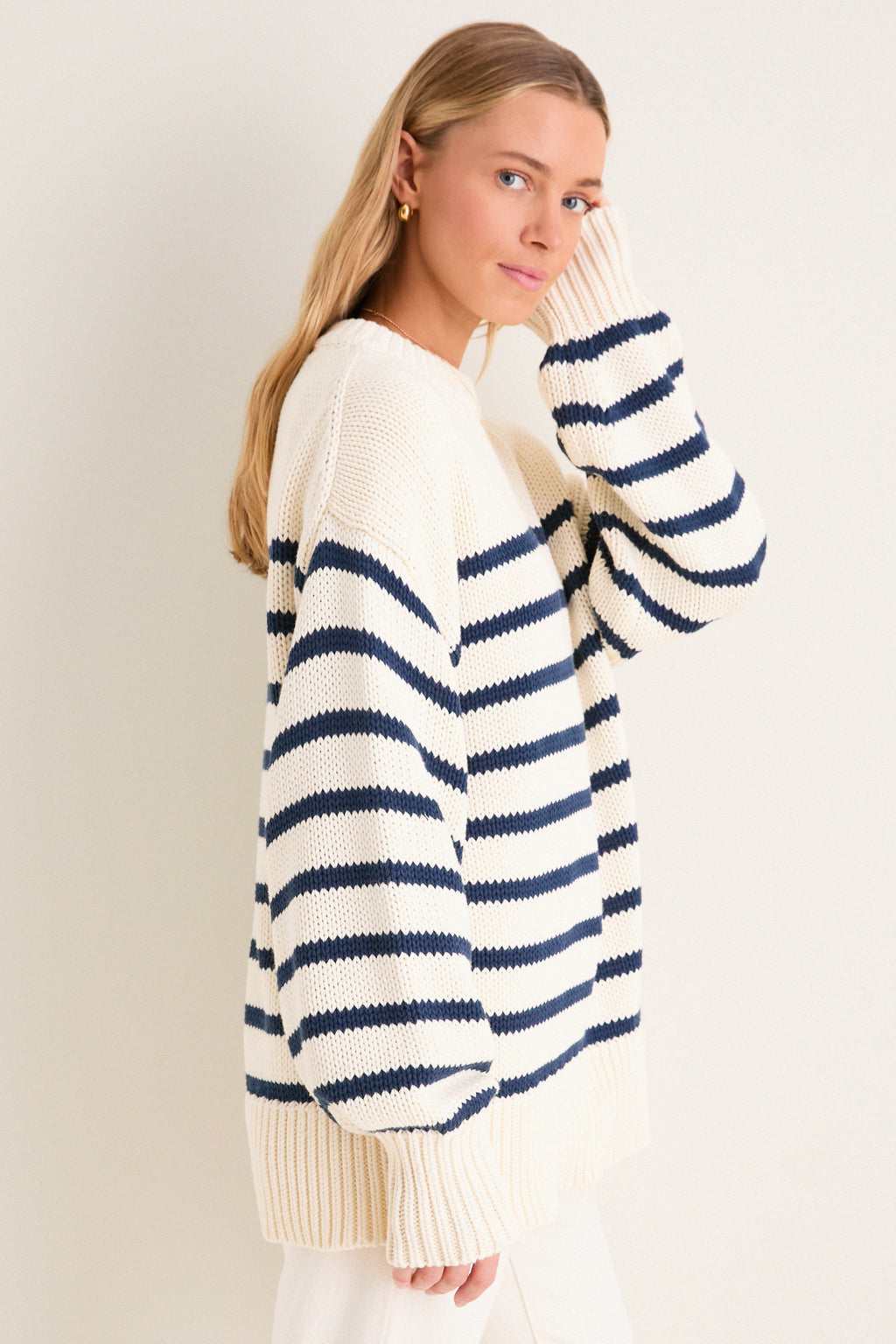 Ivory and Navy Stripe Cotton Genevieve Crewneck Sweater