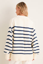 Ivory and Navy Stripe Cotton Genevieve Crewneck Sweater