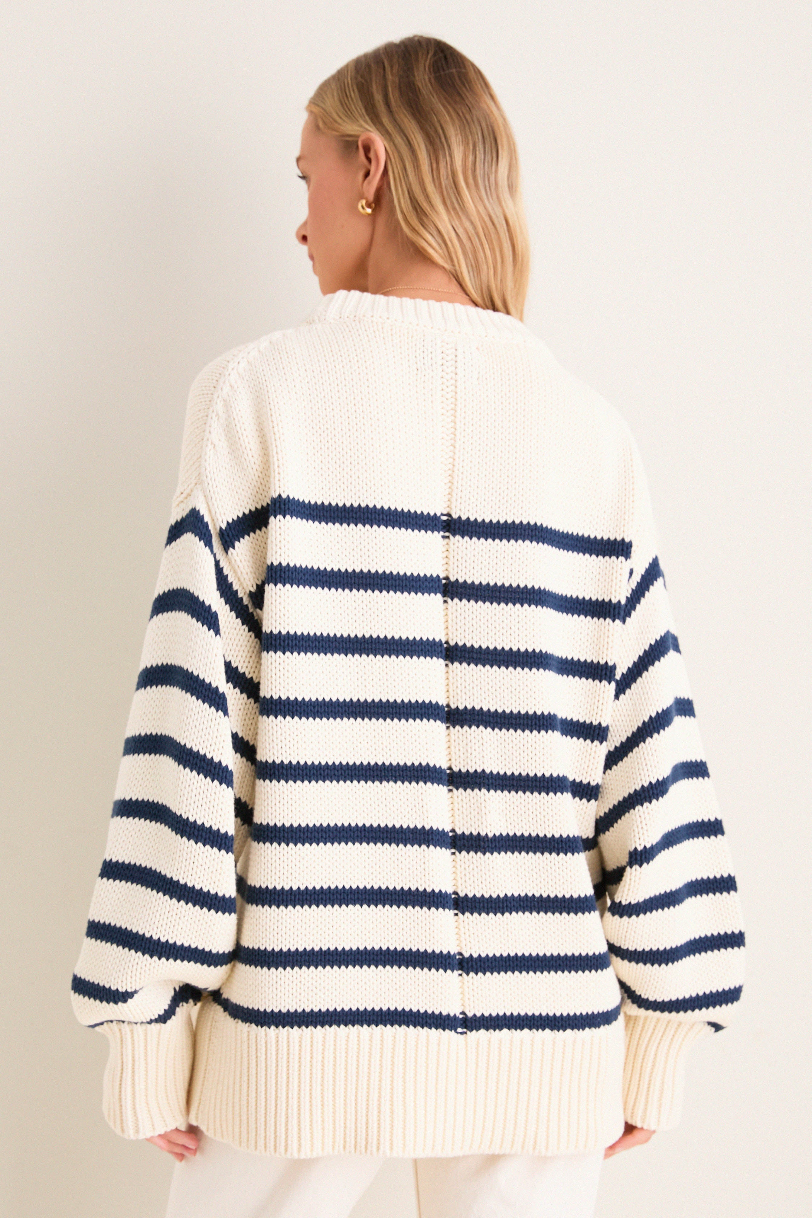Ivory and Navy Stripe Cotton Genevieve Crewneck Sweater