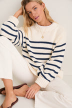 Ivory and Navy Stripe Cotton Genevieve Crewneck Sweater