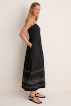 Black Embroidered Cotton Rhea Maxi Dress