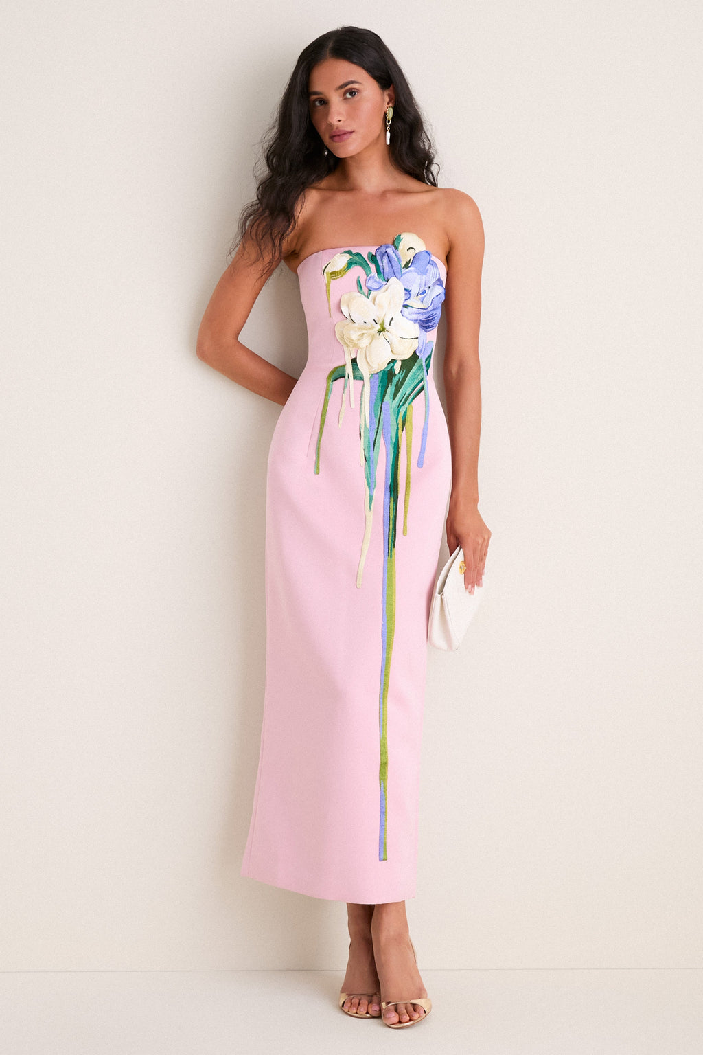 Pastel Pink Bouquet Print Rayna Embroidered Bustier Maxi Dress