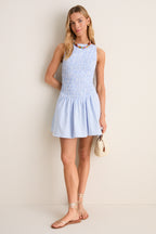 Light Blue and White Paloma Check Martina Mini Dress