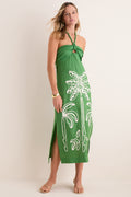 Green Palm Tree Embroidery Midi Dress