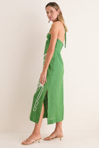 Green Palm Tree Embroidery Midi Dress