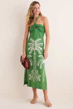 Green Palm Tree Embroidery Midi Dress