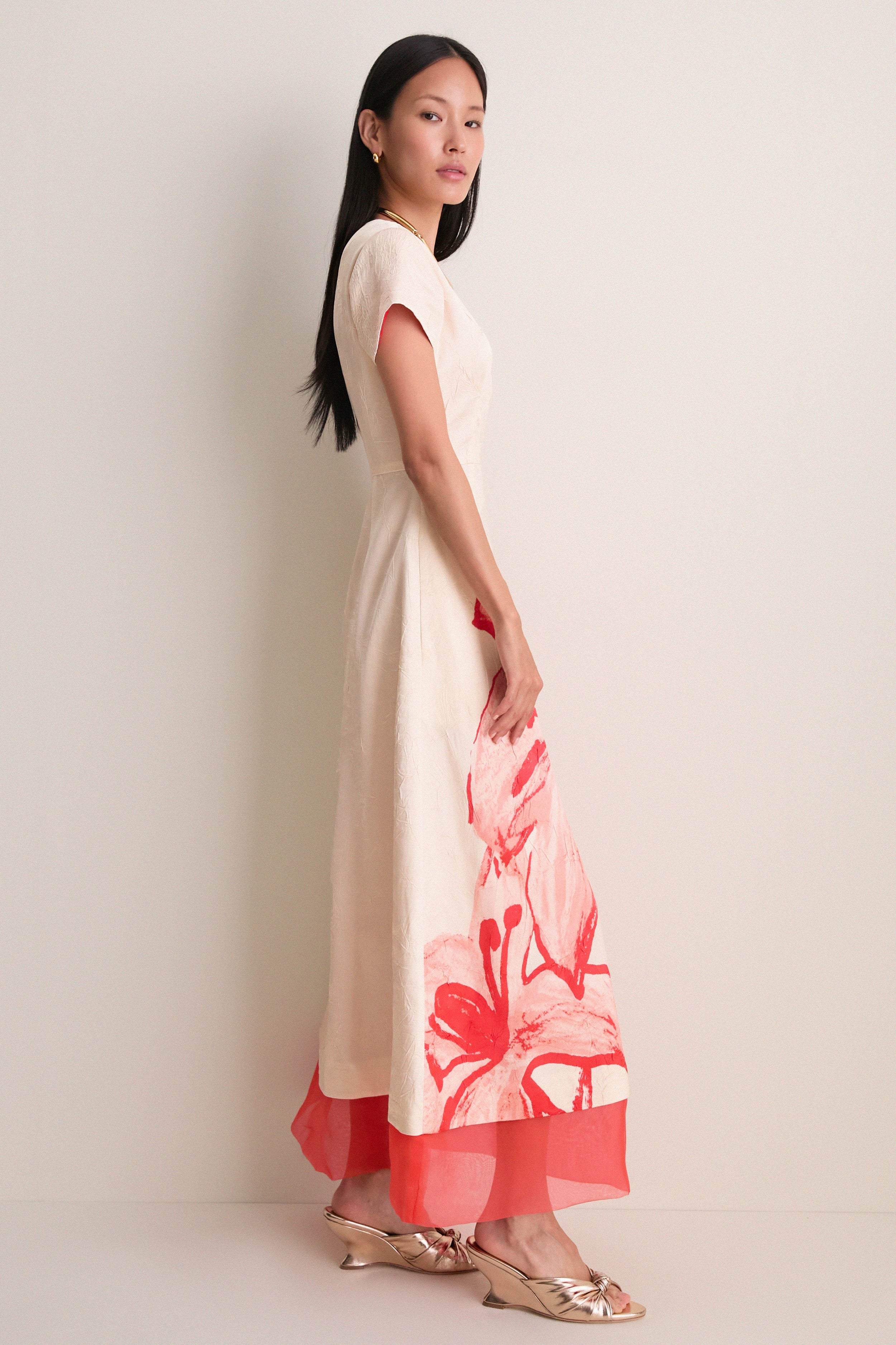Ecru and Coral Red Ayrin Dress