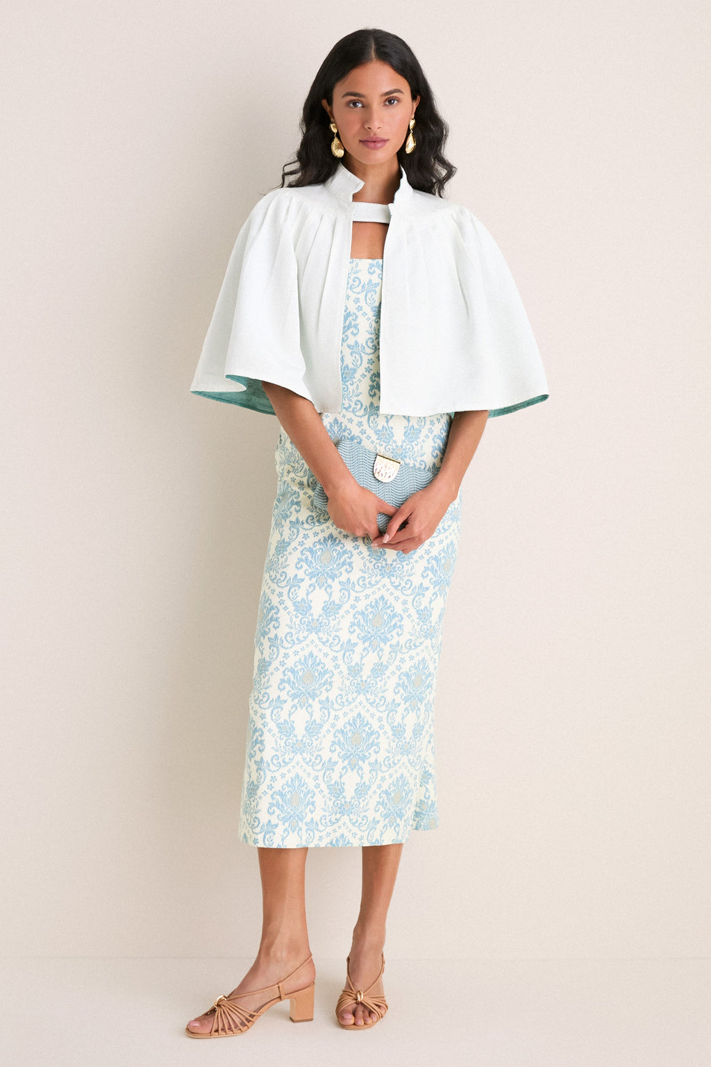 Exclusive Aqua Silk and Ivory Faille Reversible Cape