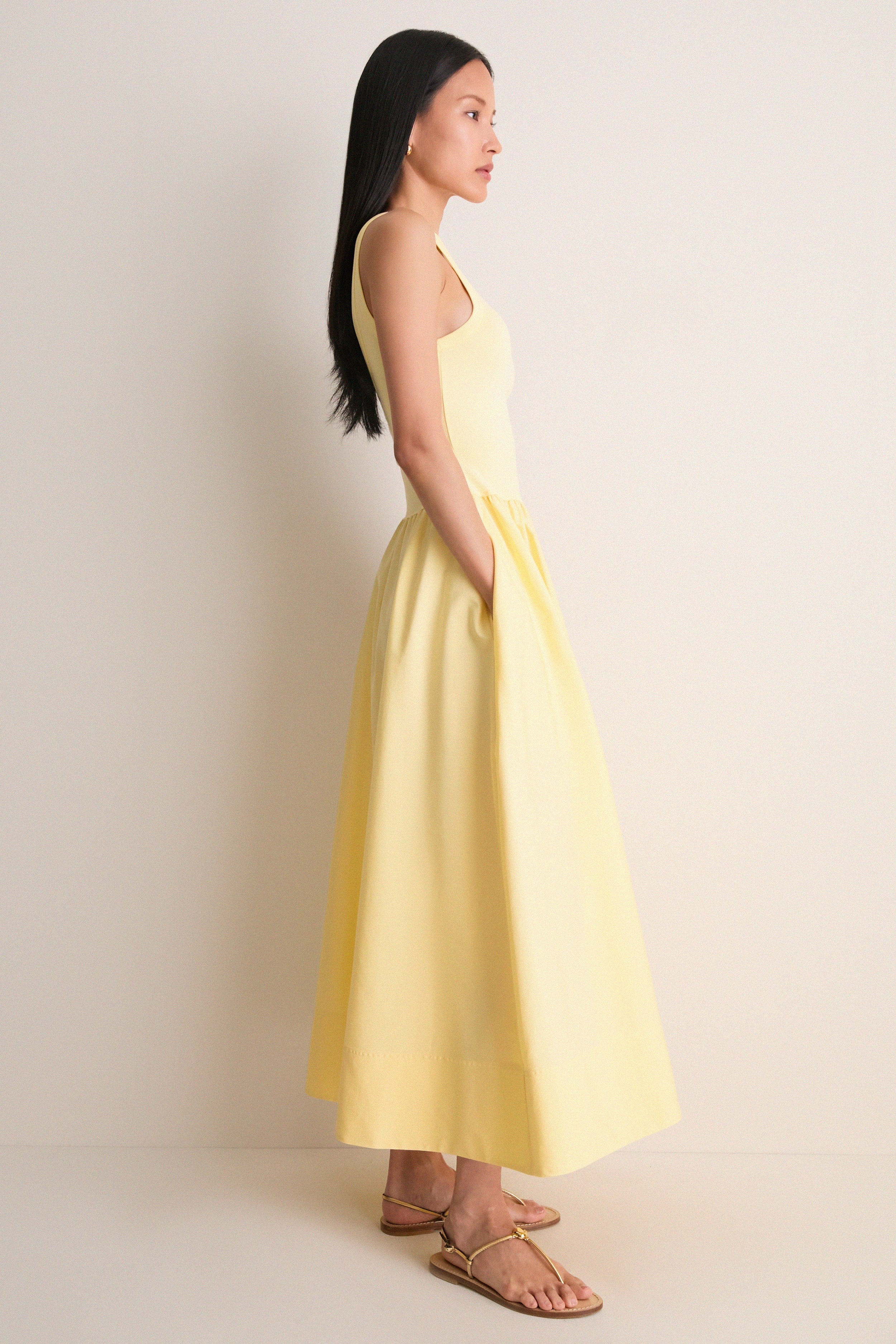 T Bird Yellow Poplin Woven Crewneck Dress