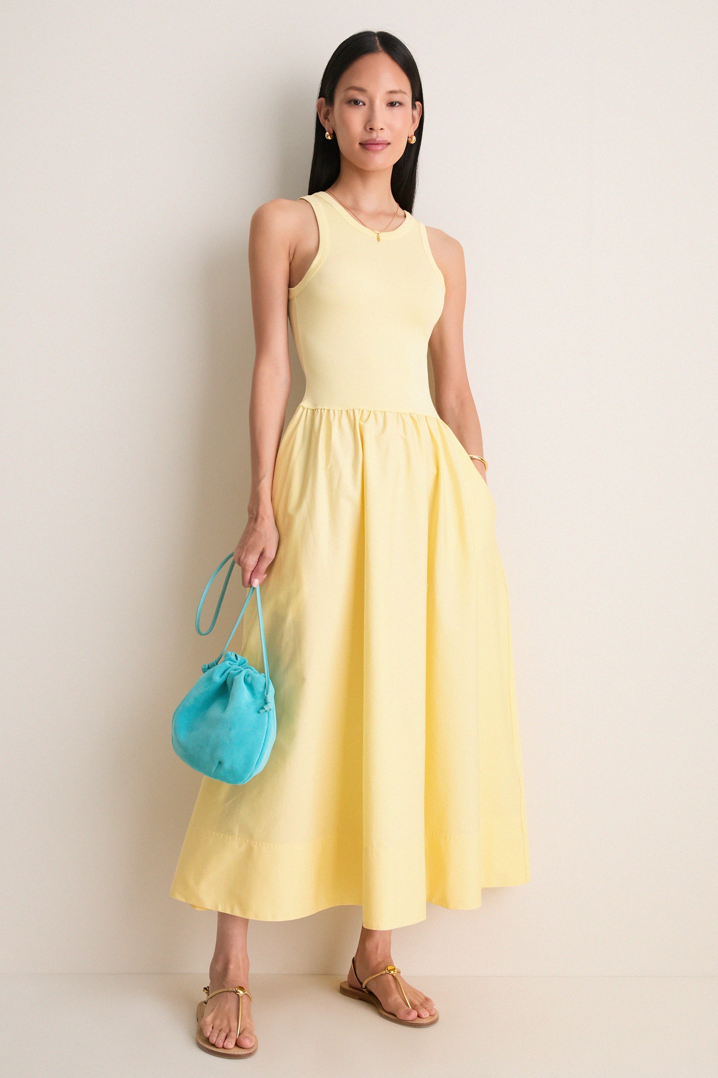 T Bird Yellow Poplin Woven Crewneck Dress