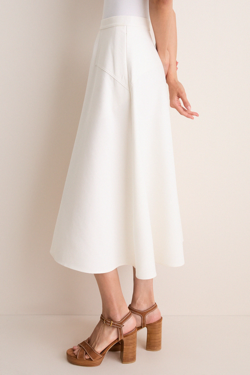 Cream Cotton Blend Woven Midi Circle Skirt
