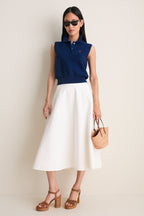 Cream Cotton Blend Woven Midi Circle Skirt