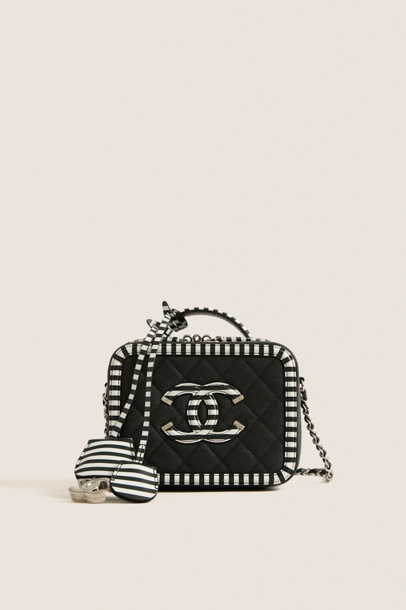 CHANEL Black White Caviar Filigree Small Vanity Case Crossbody with Red Leather Interior