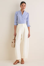 Blue and White Stripe Puffed Shoulder Shirt