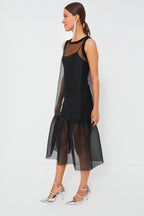 Black Midi Organza Ribbed Dress