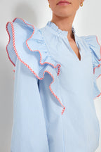 Blue Stripe Gingham Ruffle Holly Blouse