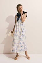 Cream & Royal Blue Embroidered Beverly Maxi Dress