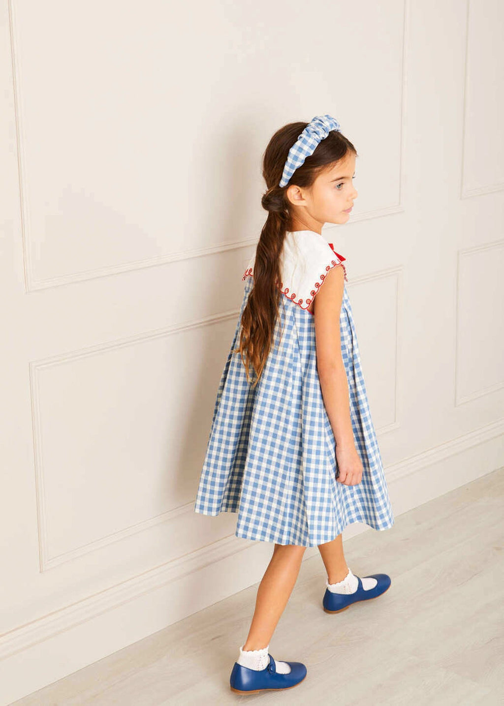 Embroidered Gingham Sleeveless Dress in Blue
