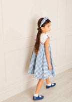 Embroidered Gingham Sleeveless Dress in Blue