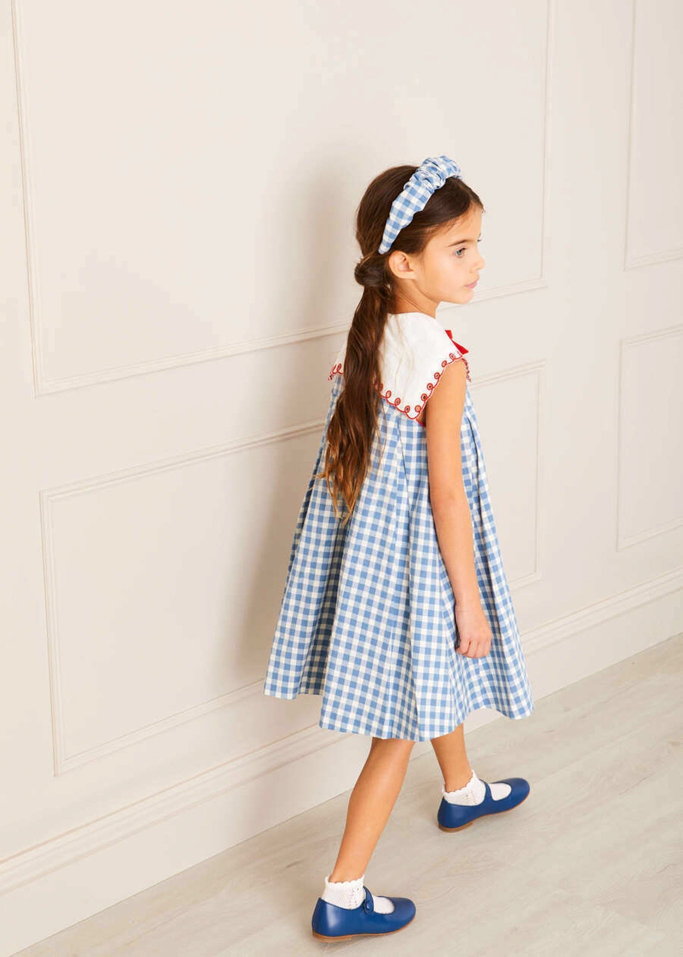 Embroidered Gingham Sleeveless Dress in Blue