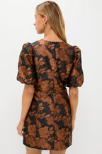 Black & Copper Floral Jacquard Minetta Mini Dress
