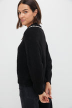Black with Soft White Crochet Collar Pullover