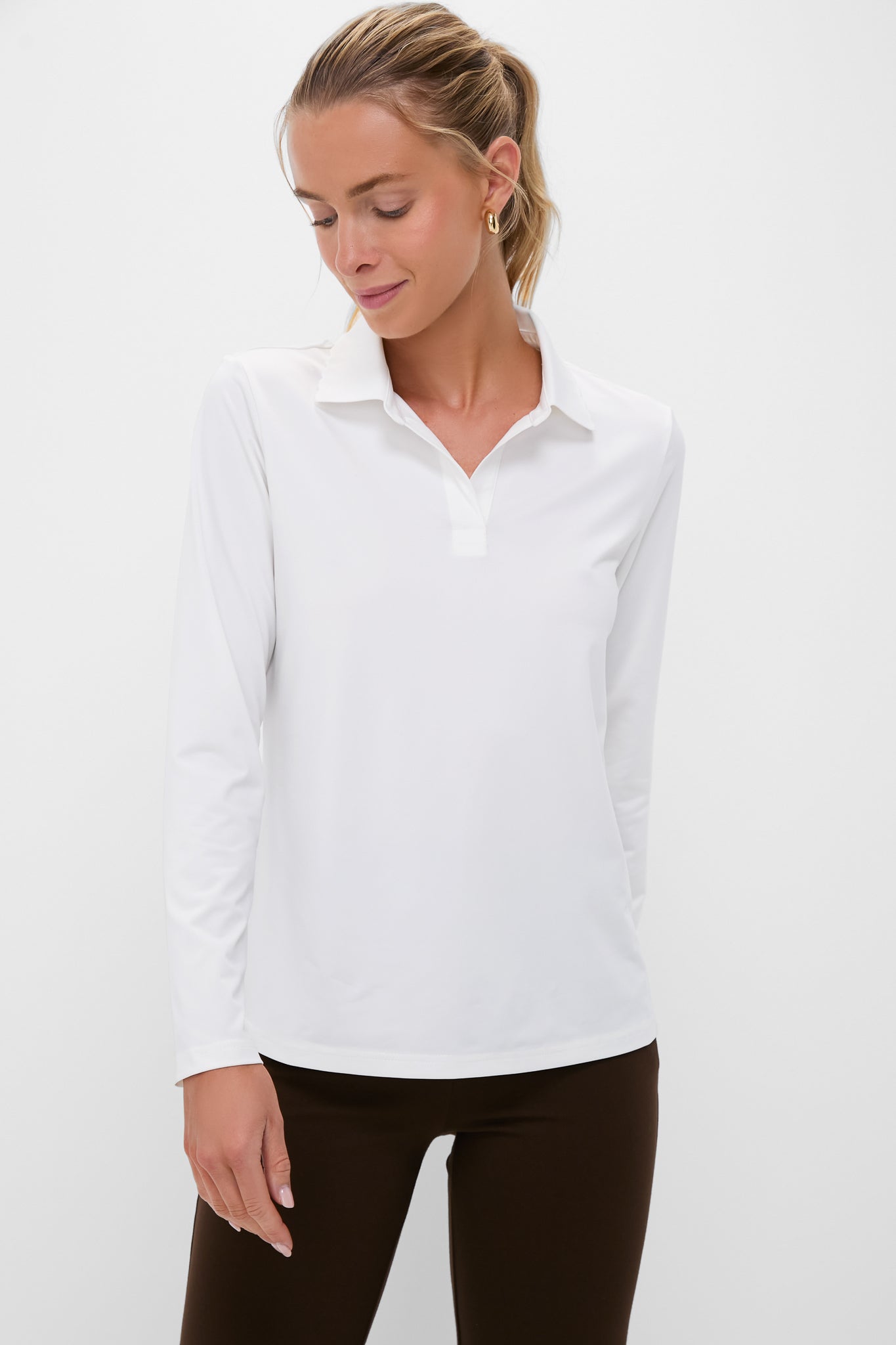 White Long Sleeve Performance Jersey Caroline Polo