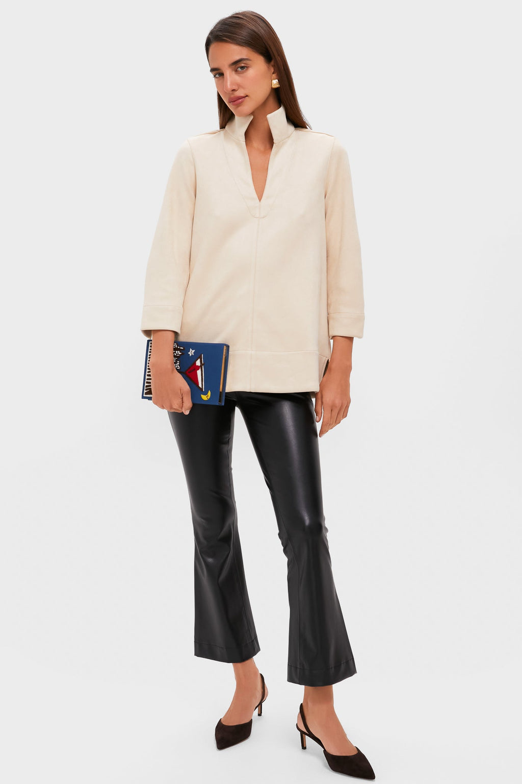 Bone Suede Margot Stand Collar Blouse