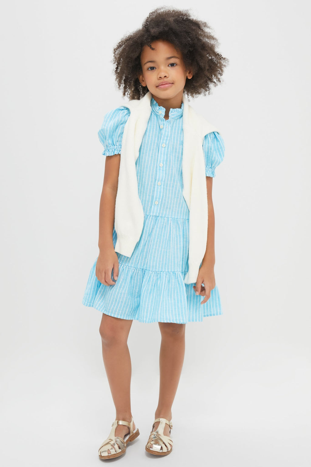 Girls Ruffle Collar Short-Sleeve Tiered Striped Dress