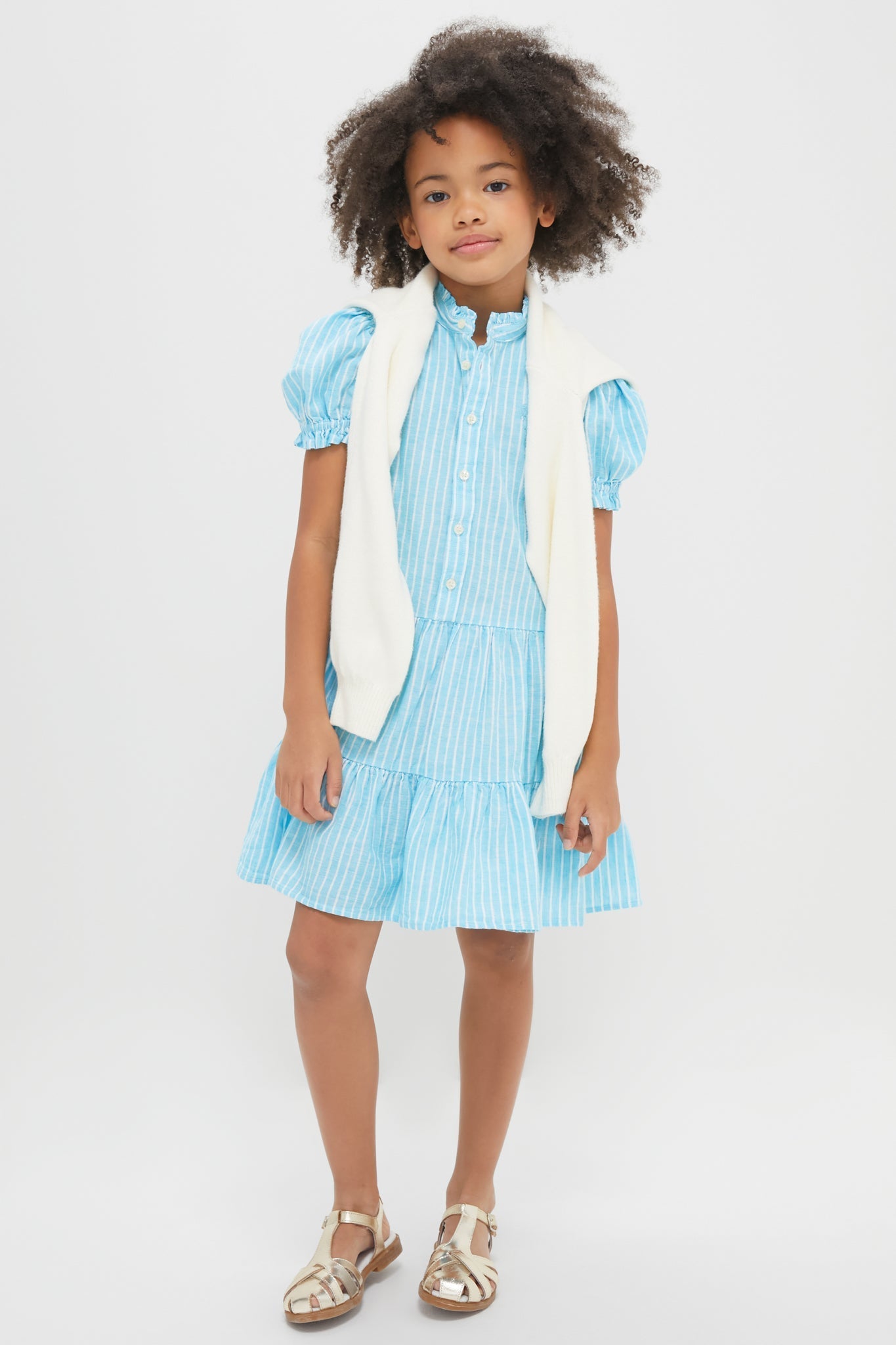 Girls Ruffle Collar Short-Sleeve Tiered Striped Dress