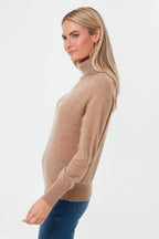 Camel Heather Ribbed Trim Cashmere Turtleneck
