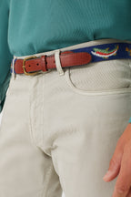 Navy Rainbow Trout and Fly Needlepoint Belt